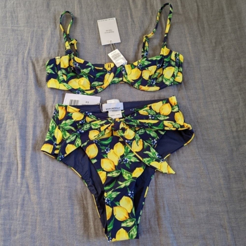 WeWoreWhat Lemons All Over Navy Bikini Set Vintage Bra Top Riviera Bottom - Picture 5 of 8